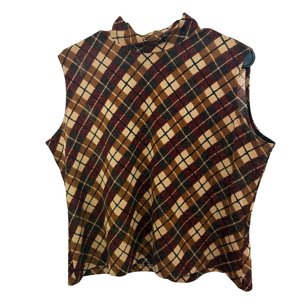 Vintage Plaid pattern brown turtle neck top, fall sleeveless blouse